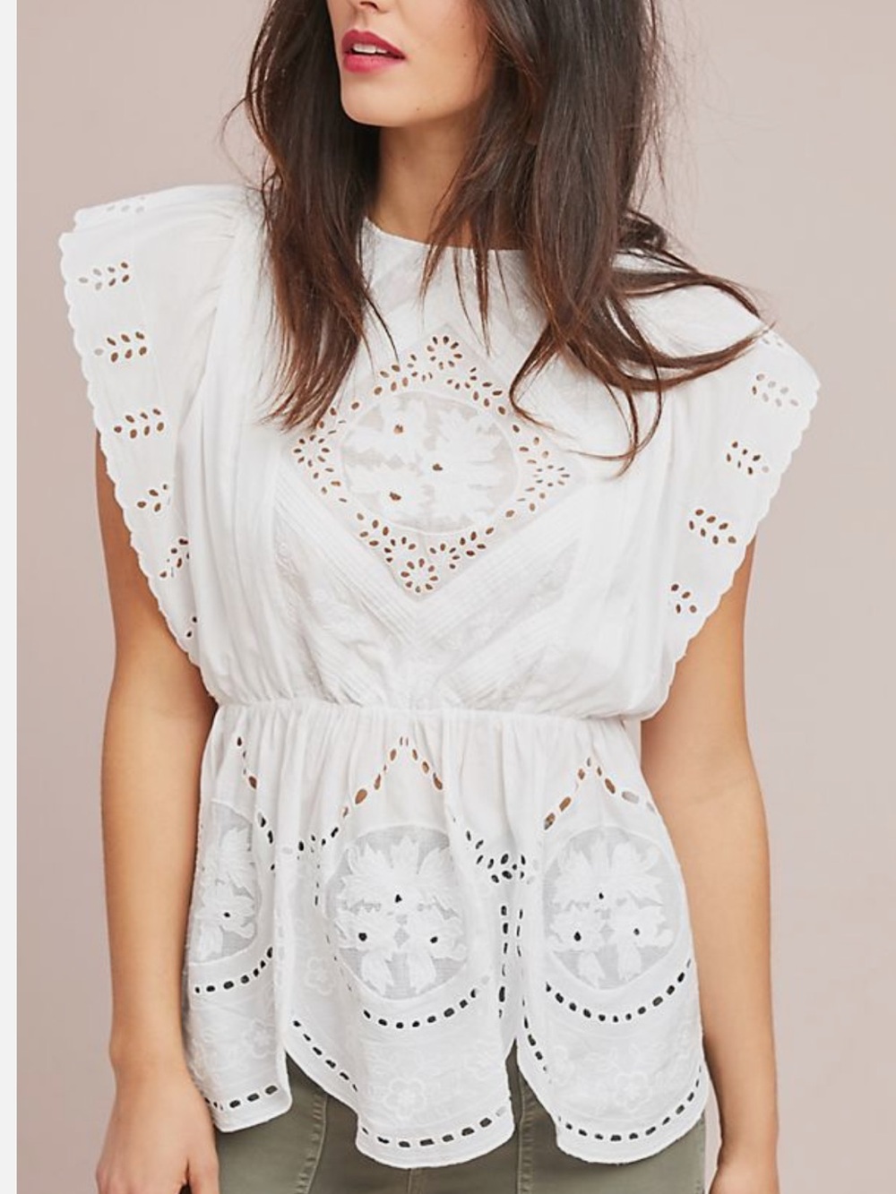 Ne Quittez Pas White Eyelet Lace Flutter Sleeve Peplum Top